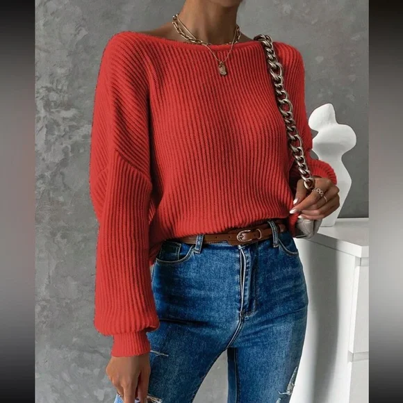 Cozy twist back ribbed knit sweater top